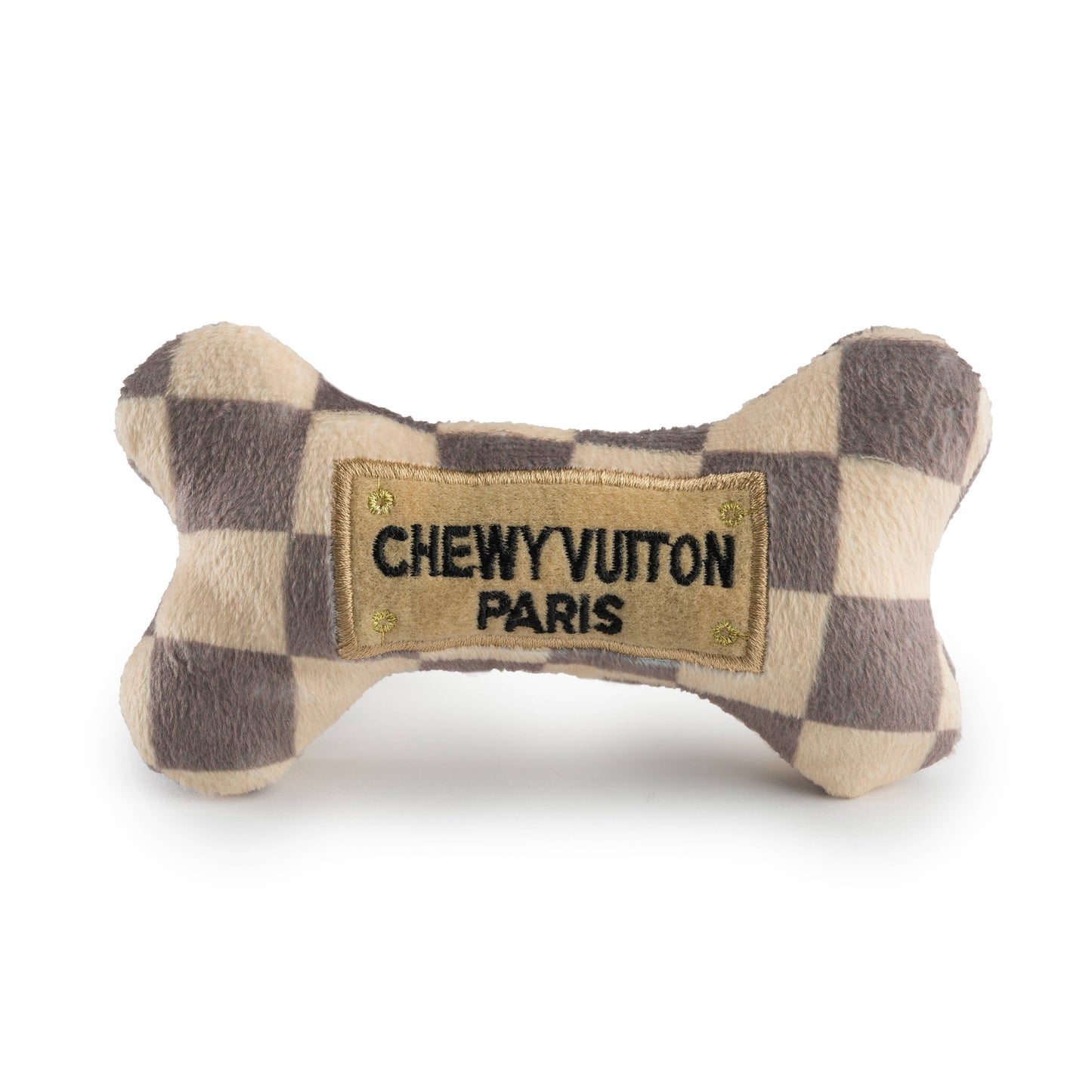 Tan Checker Chewy Vuiton Bones | Plush Squeaker Dog Toy