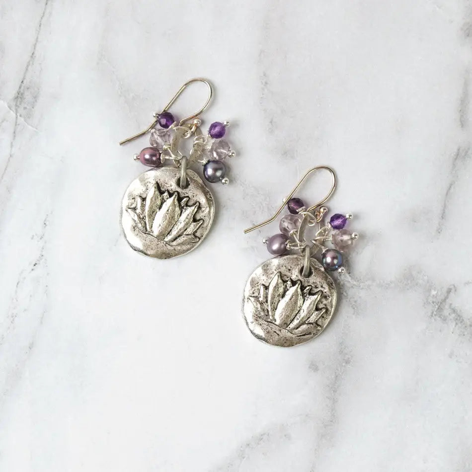 Antique Silver Lotus Circle, Freshwater Pearl, Crystal Cluster Earrings
