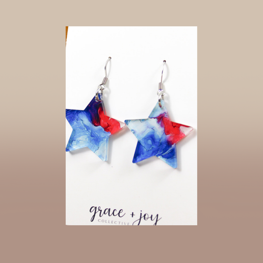 4th of July Red White Blue Tie Dye Star Dangle Earrings