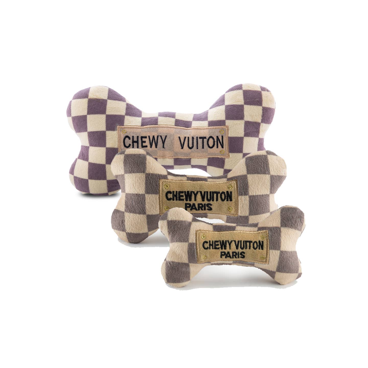 Tan Checker Chewy Vuiton Bones | Plush Squeaker Dog Toy