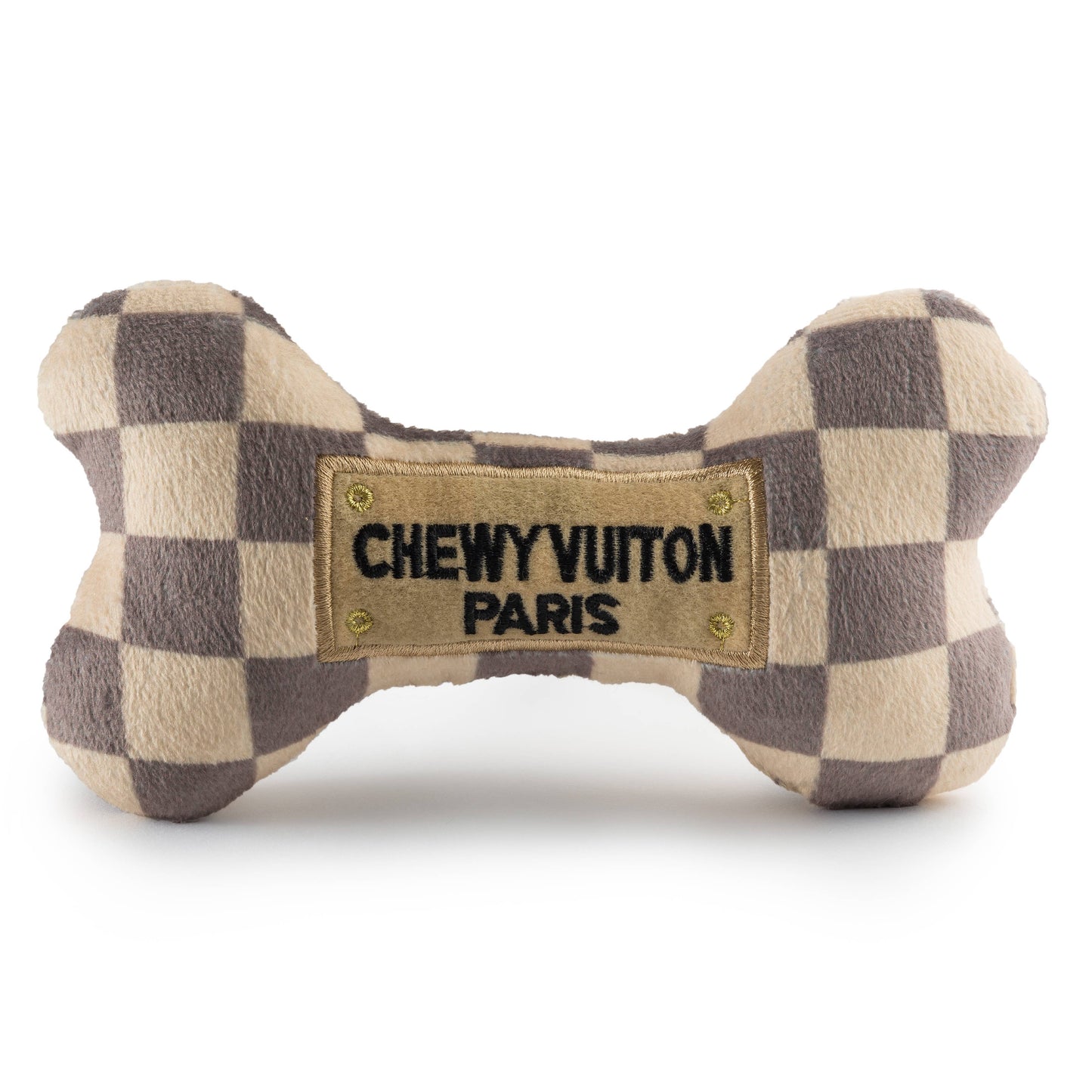 Tan Checker Chewy Vuiton Bones | Plush Squeaker Dog Toy