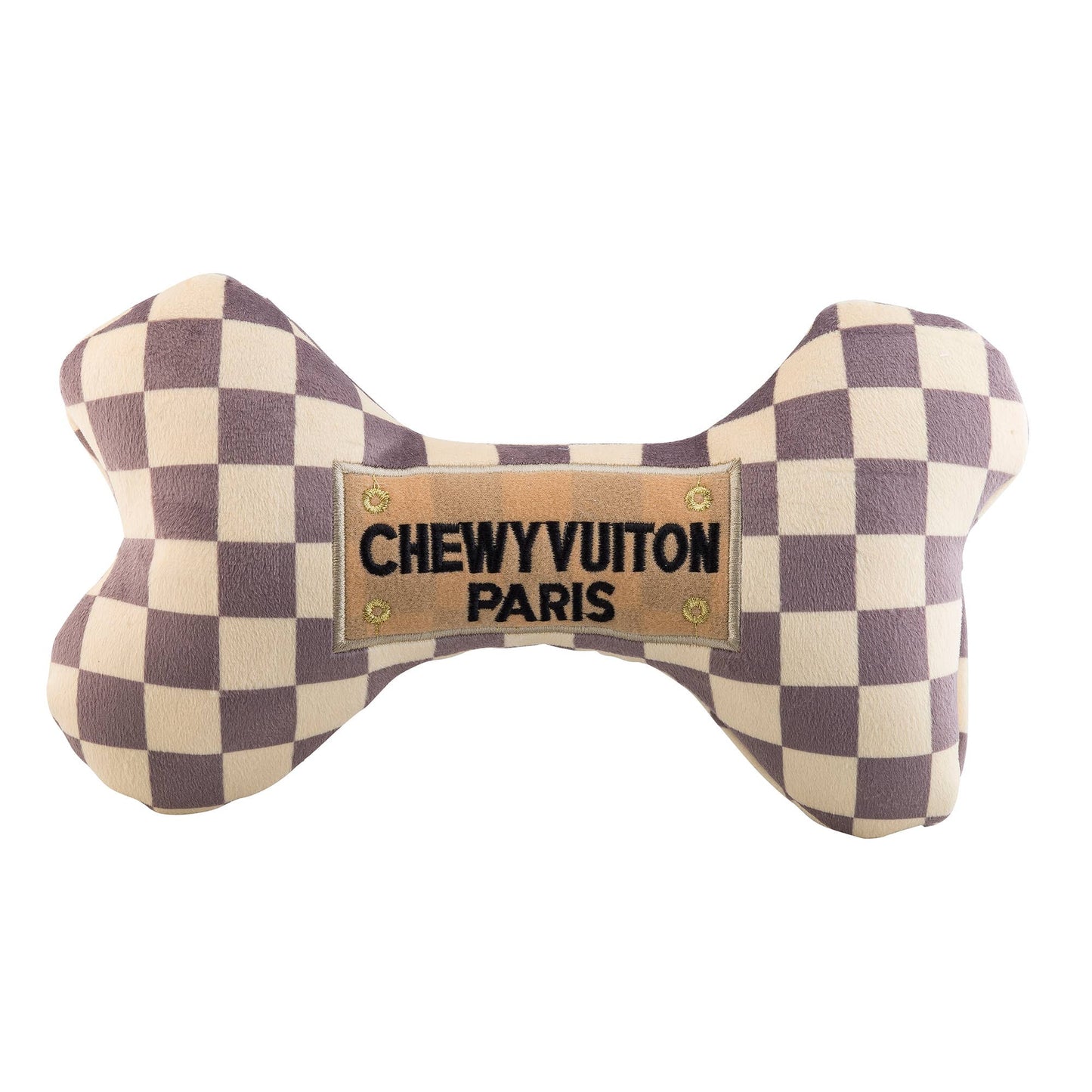 Tan Checker Chewy Vuiton Bones | Plush Squeaker Dog Toy