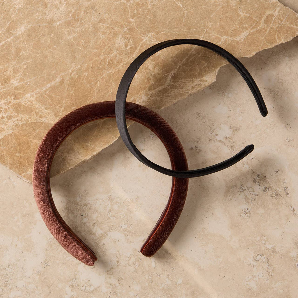 Recycled Fabric Satin & Velvet Headbands 2pc Set-Black/Choco