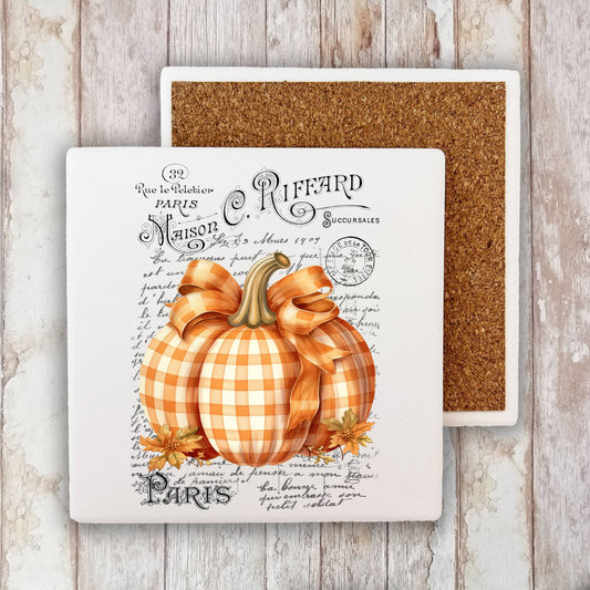 Fall Autumn French Checkered Pumpkins Stone Coaster