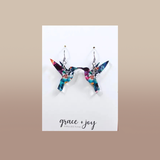 Watercolor Floral Hummingbird Dangle Earrings, Acrylic