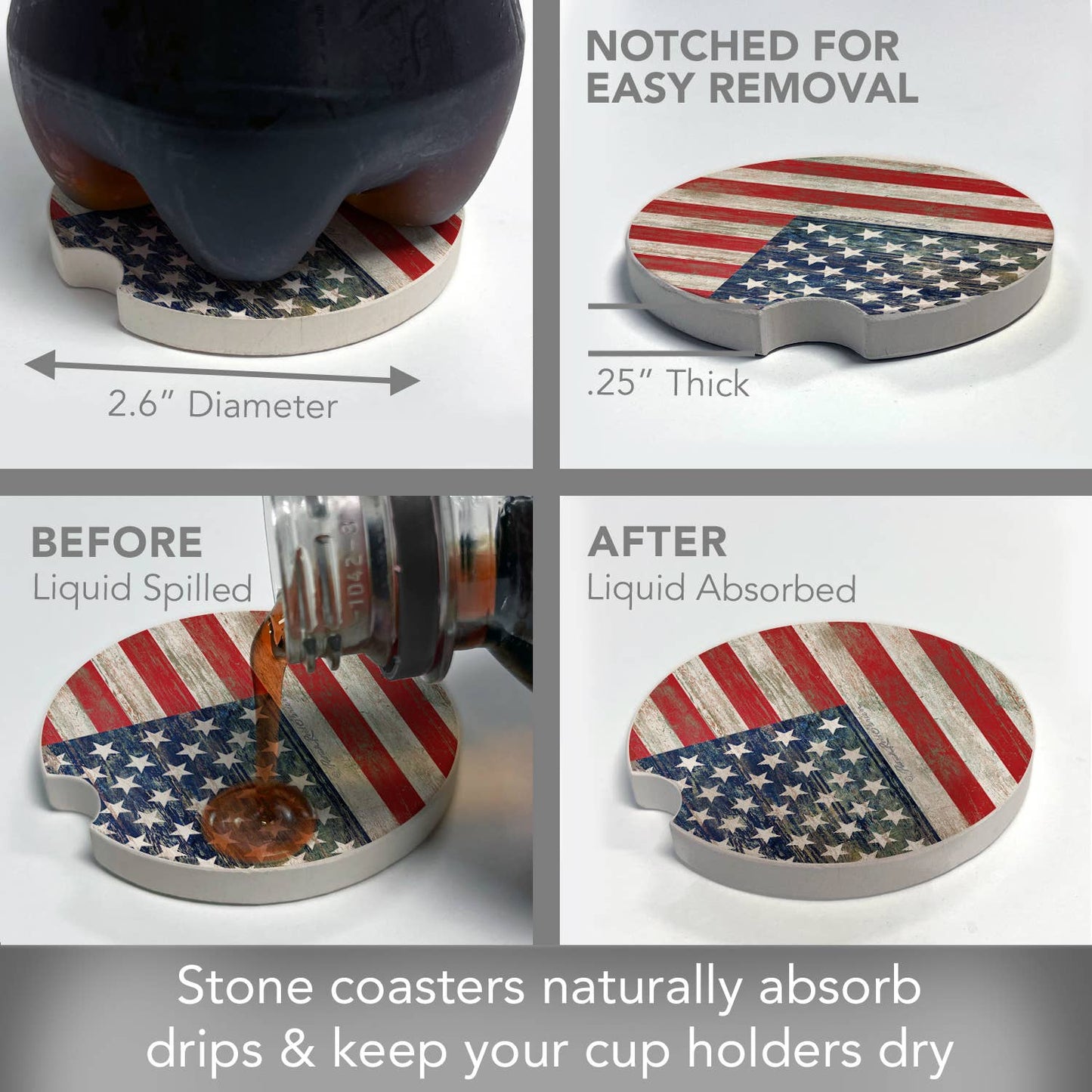 "Americana" 2 Pack Absorbent Stone Car Coaster