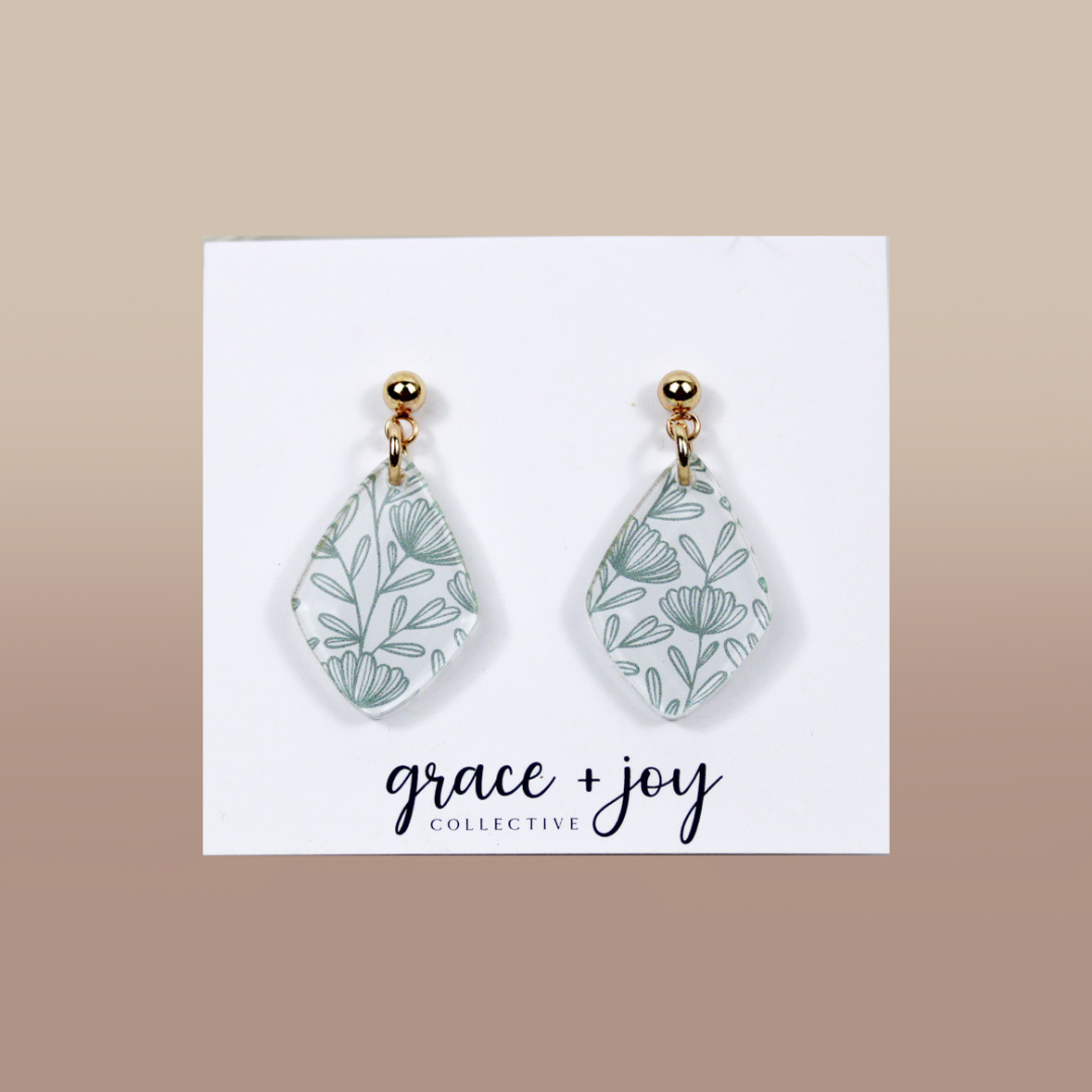 Green and White wildflower Dangle Earrings