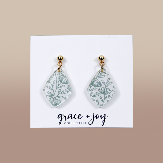 Green and White wildflower Dangle Earrings