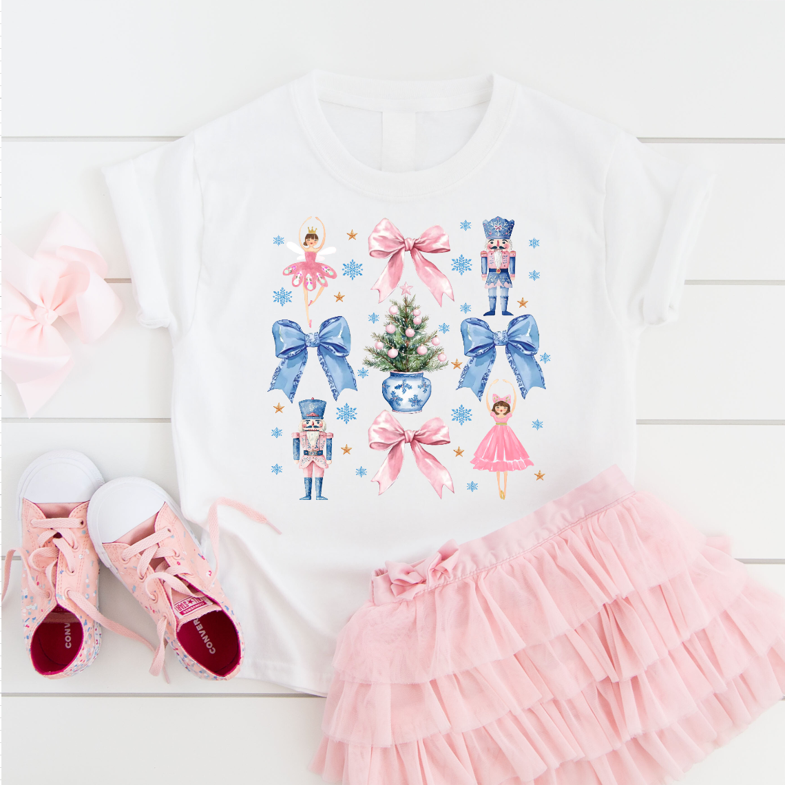 Coquette Bows and Nutcracker Girls Christmas Tee Shirt