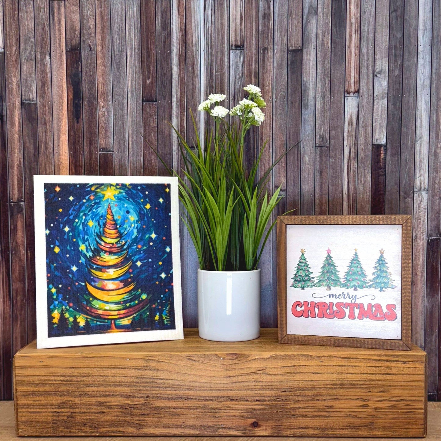 Christmas Tree Starry Night Swedish Dishcloth Holiday Decor