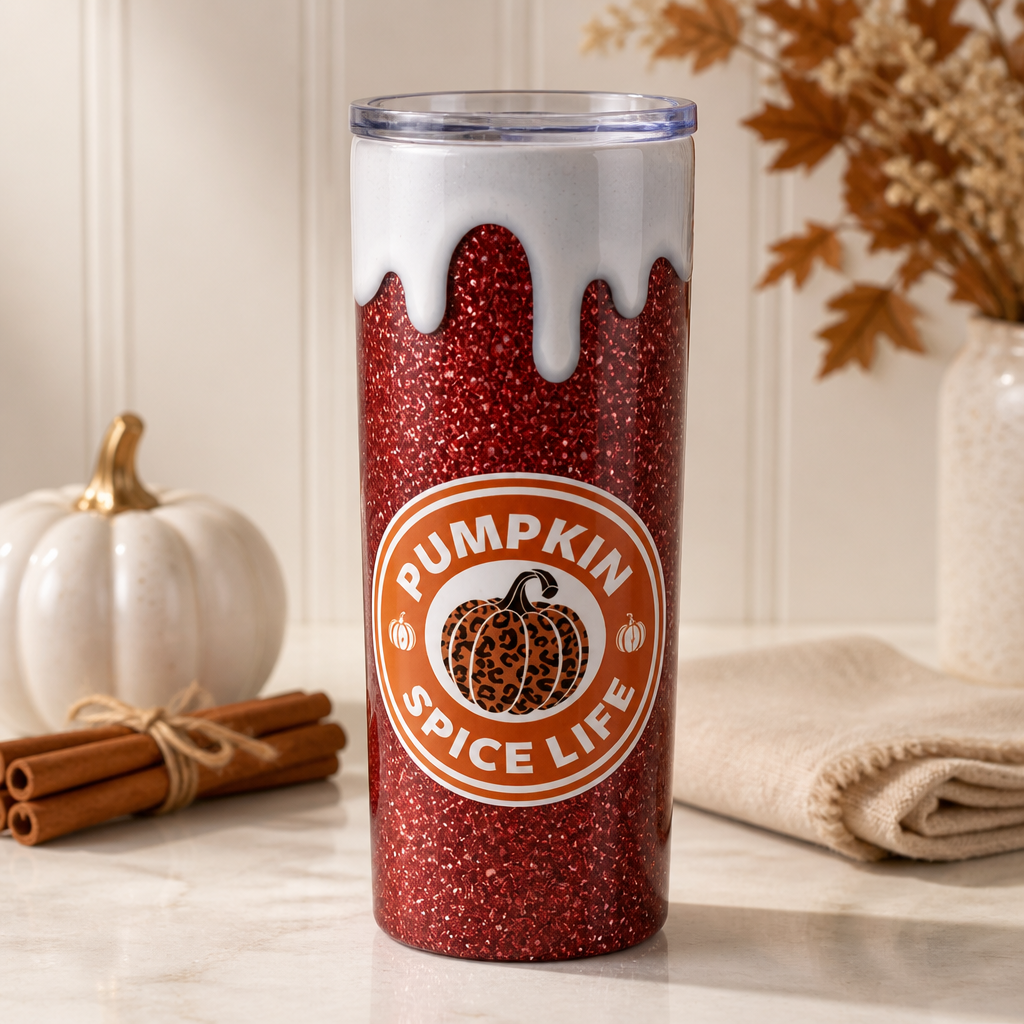 A tall tumbler with a glittery orange lower half and a white dripping design at the top, featuring a circular 'Pumpkin Spice Life' graphic on the front. The tumbler is made of stainless steel and is sized at 20 oz. It comes with a lid.