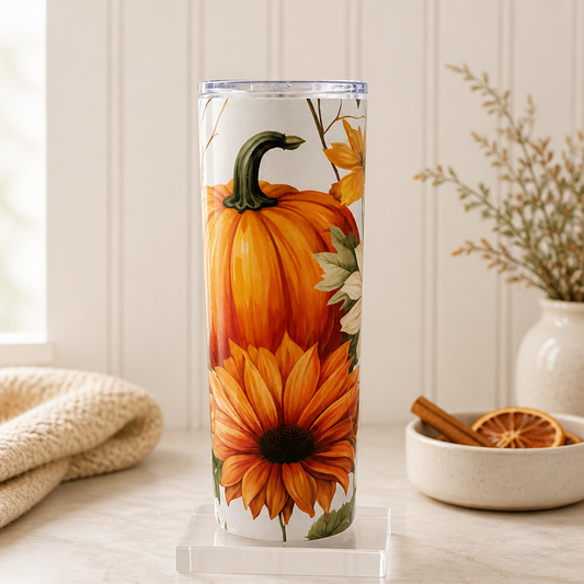 A tall tumbler with a printed autumn design featuring two orange pumpkins and large orange sunflowers. This tumbler is stainless steel, double walled and 20 oz. 