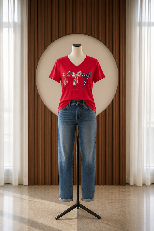 A red short-sleeve V-neck graphic T-shirt that displays Patrioitic Bows. This is an extremely soft Tee!.
