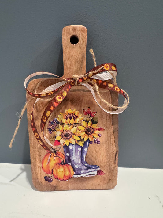 🍂 Autumn Floral Boots – Mini Decorative Cutting Board