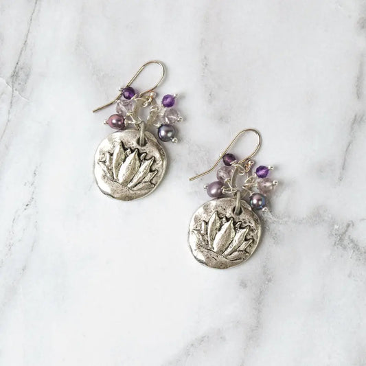Antique Silver Lotus Circle, Freshwater Pearl, Crystal Cluster Earrings