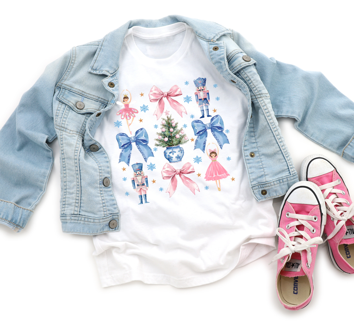 Coquette Bows and Nutcracker Girls Christmas Tee Shirt