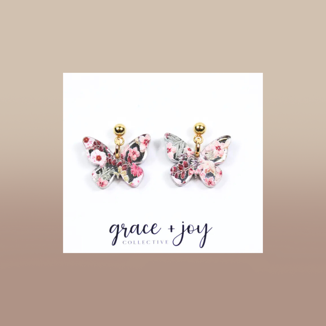 Pink Floral Butterfly Dangle Earrings, Acrylic Earrings