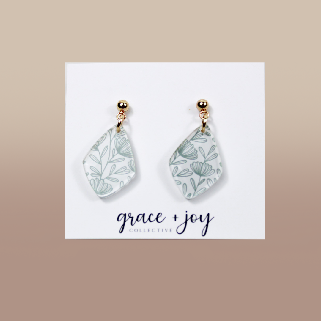 Green and White wildflower Dangle Earrings