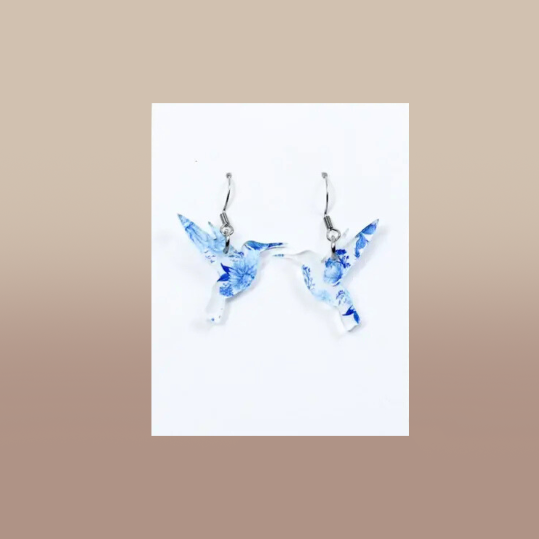 Watercolor Floral Hummingbird Dangle Earrings, Acrylic